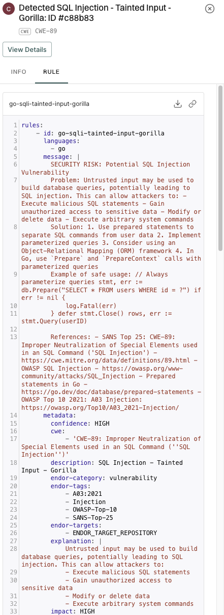 View SAST finding rules