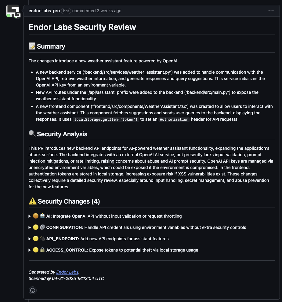Security Review GitHub pull request comment