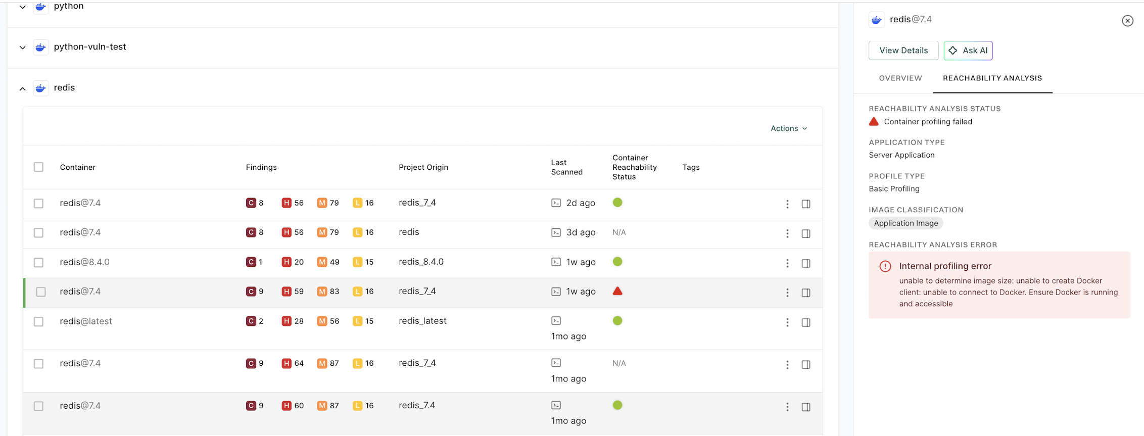 Container reachability error