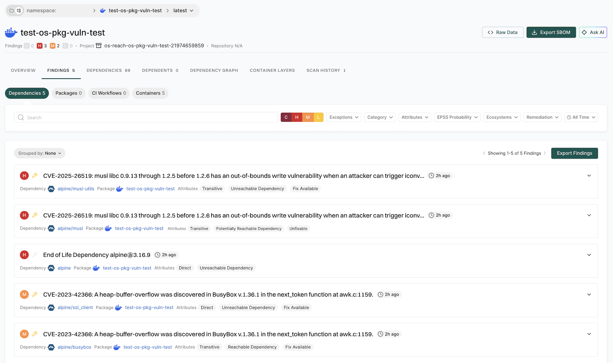 Reachability labels in findings