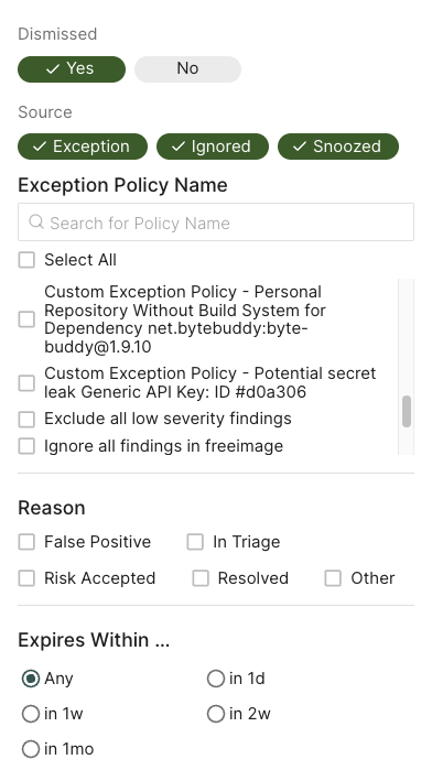 Dismissed finding filters