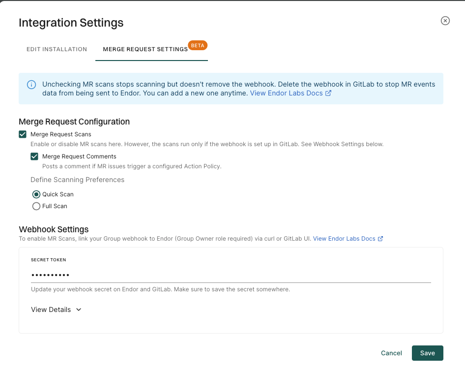 GitLab App MR scan update webhook secret