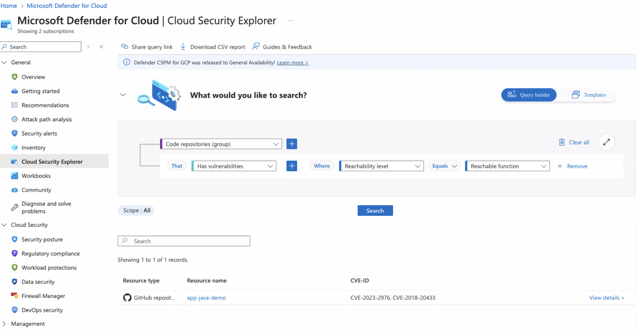 Defender for Cloud Search Results