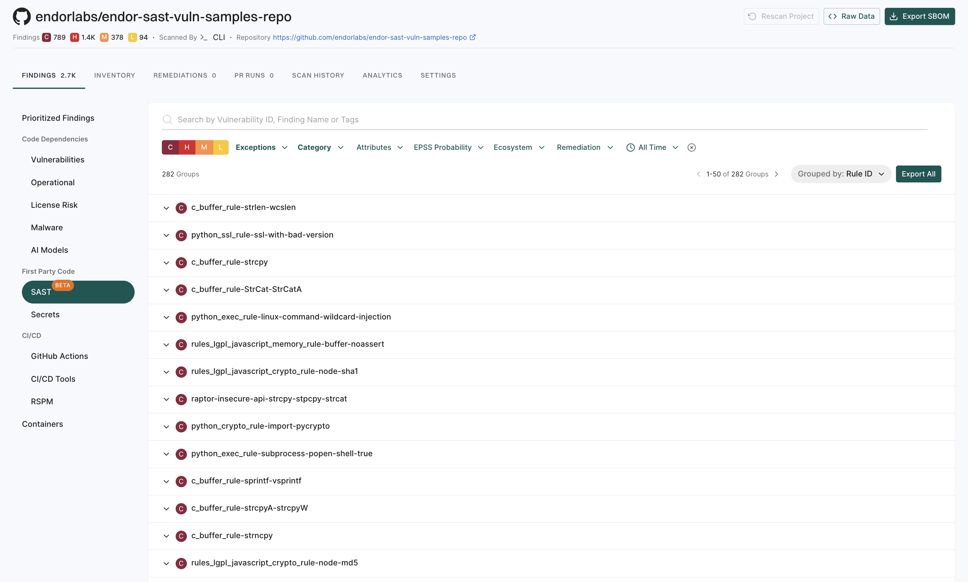 SAST finding group by rule ID