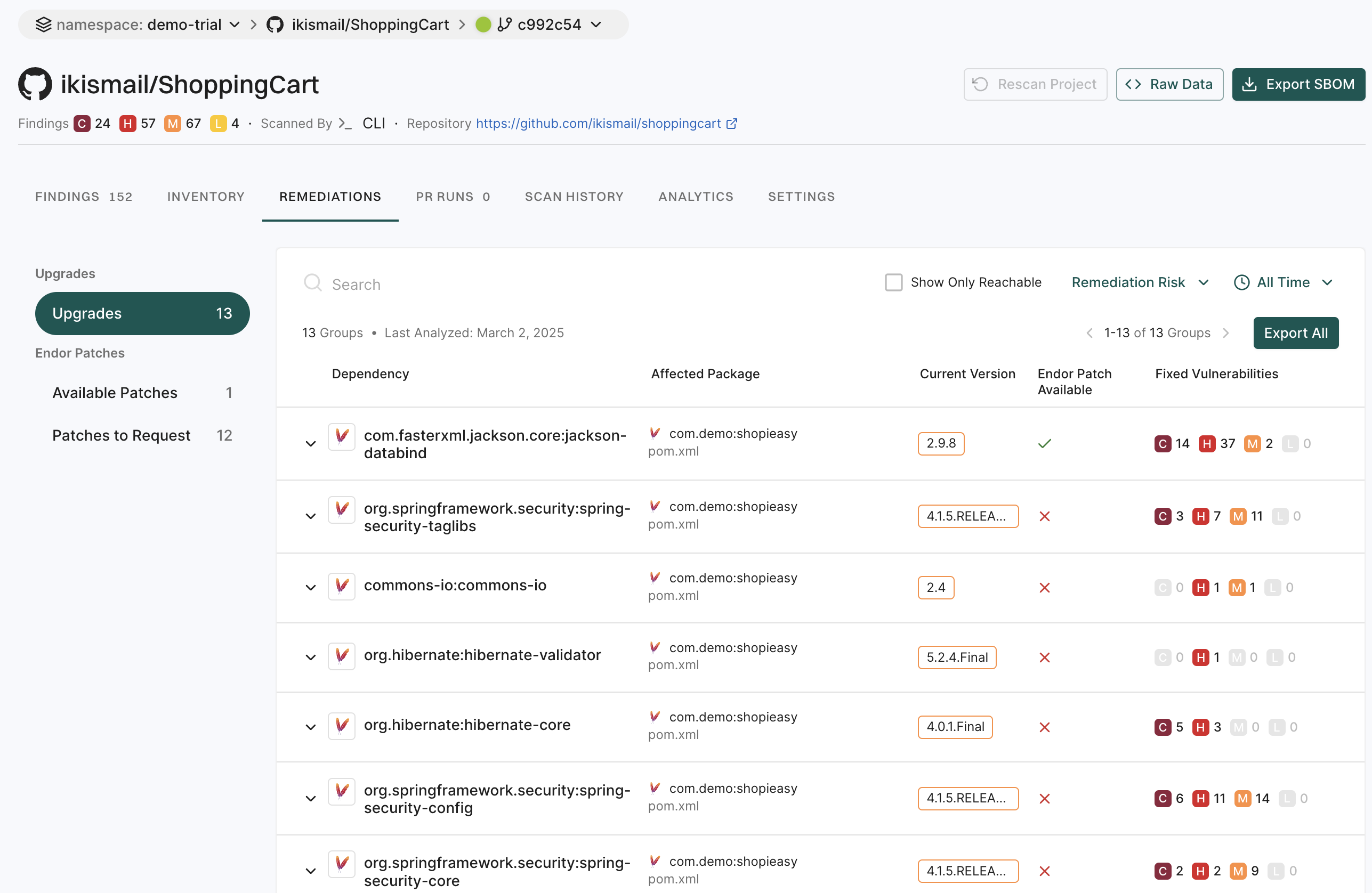 View dependencies with remediations