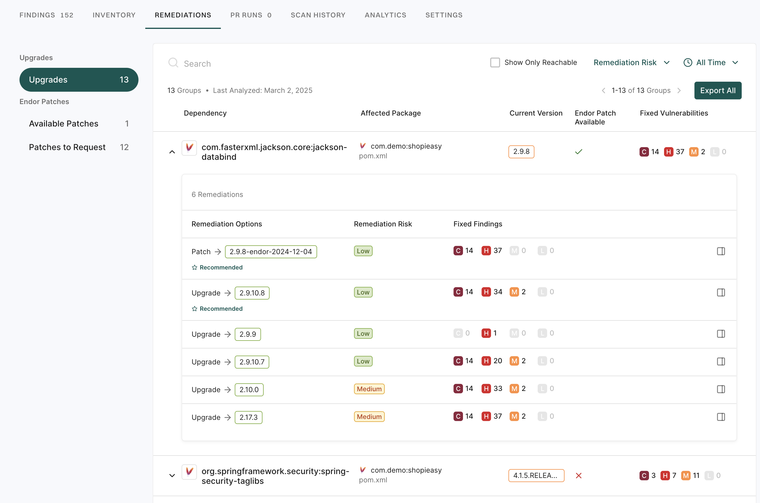 View remediations and dependency upgrade recommendations